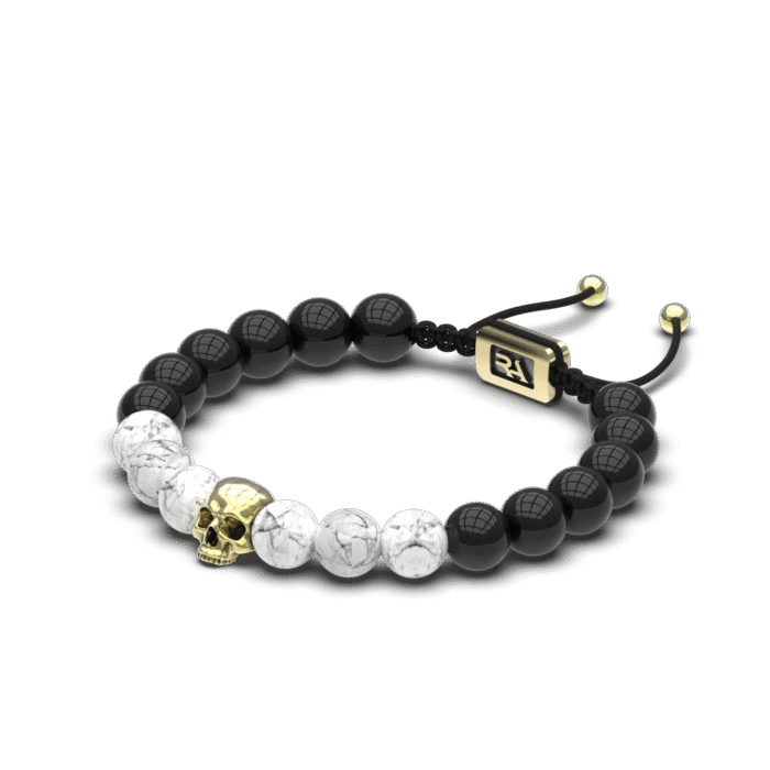 PULSERA CALAVERA ACABADA EN ORO 18K Y GEMAS (BOLAS 10MM)