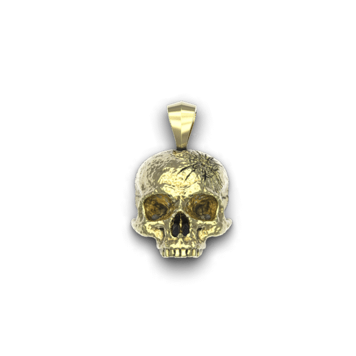 COLGANTE CALAVERA CON DISPARO INCRUSTADO ACABADO EN ORO 18K